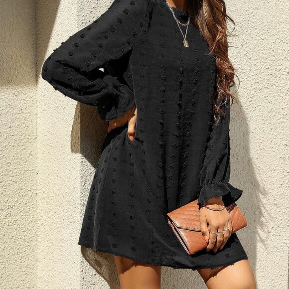 Women's Swiss Dot Long Sleeve Mini Dress Casual Flowy Chiffon for Women - Picture 4 of 6